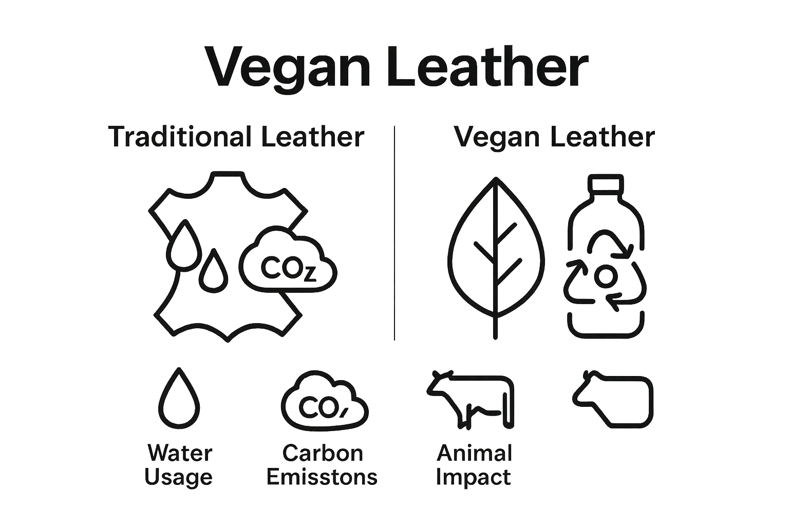 Simple infographic comparing vegan and traditional leather by water use, emissions, and animal impact