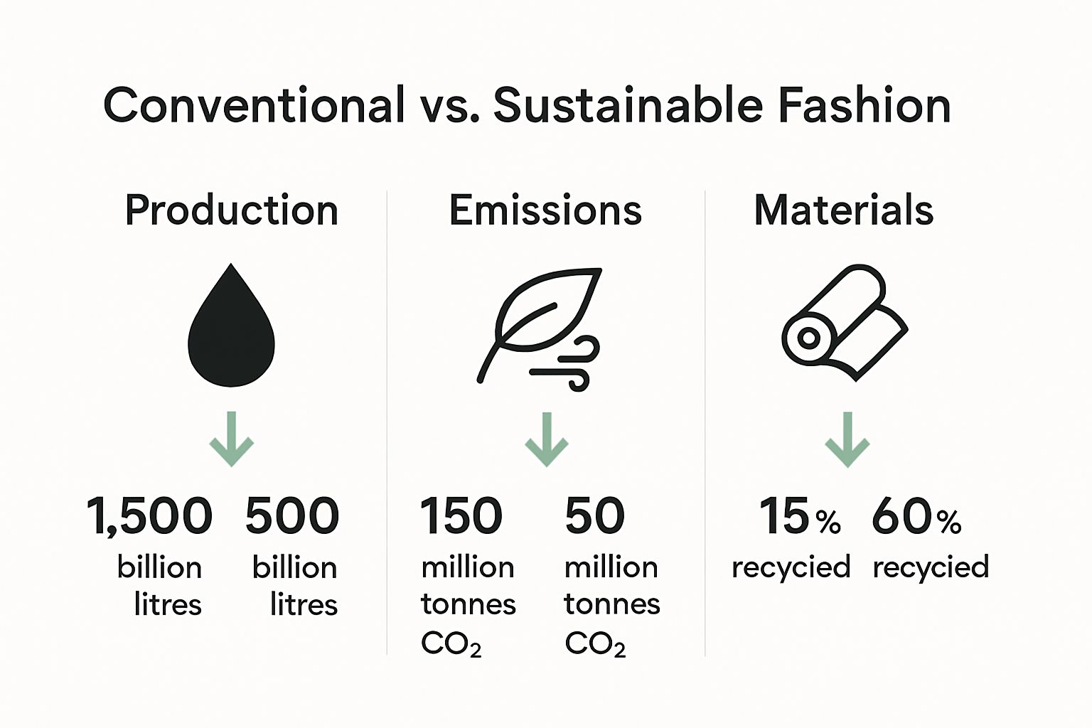 Infographic comparing fashion industry production, emissions, materials