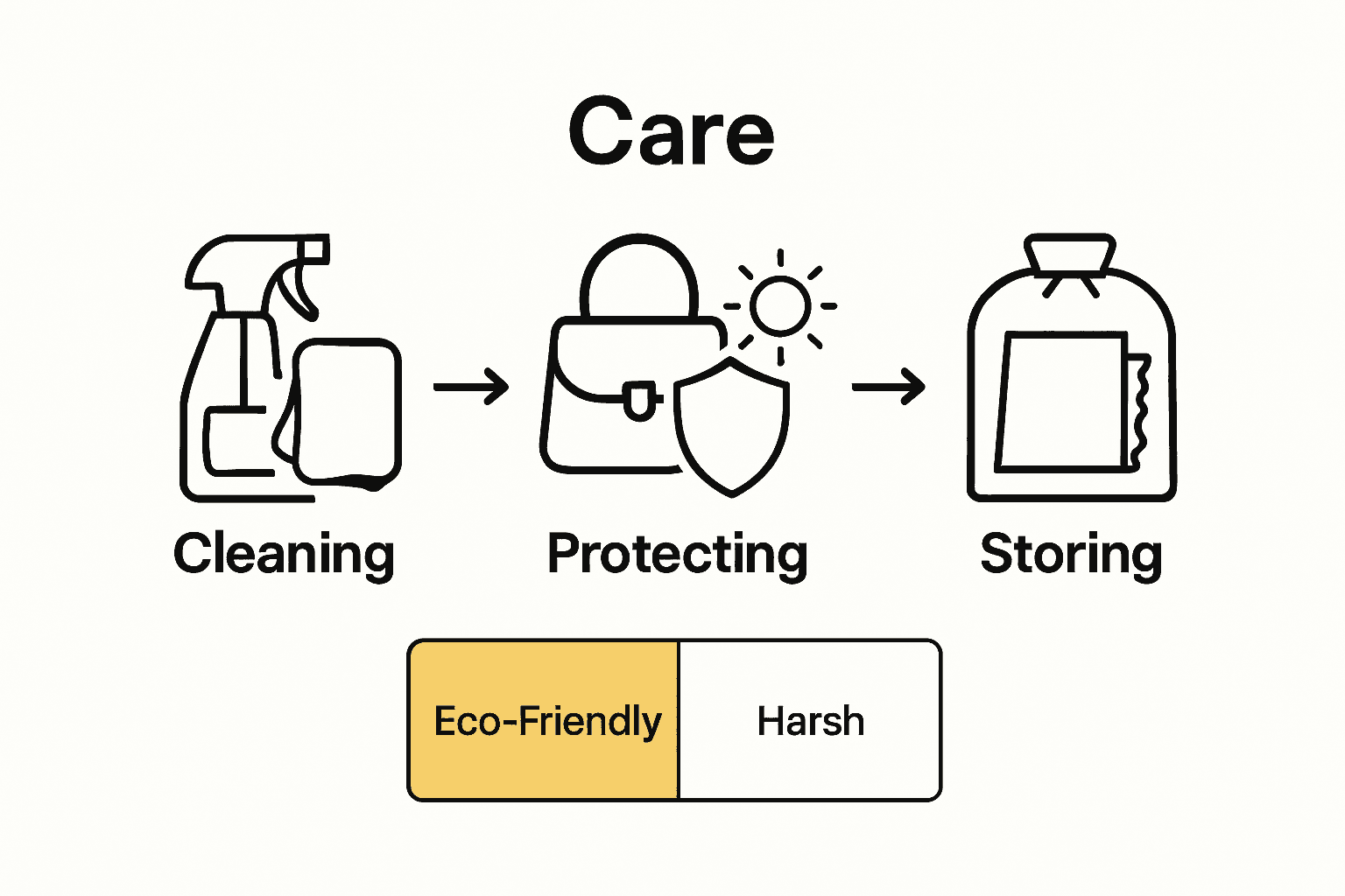 Infographic showing vegan handbag cleaning, protecting, and storage steps