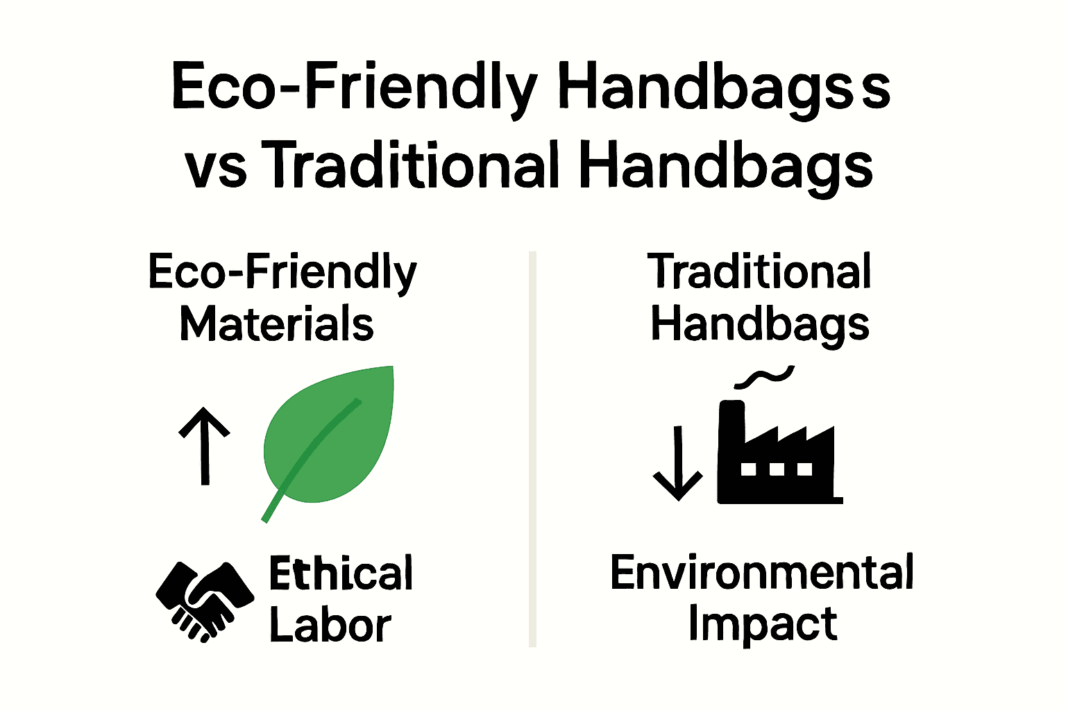 Comparison infographic of eco-friendly handbags vs traditional handbags, showing materials, impact, and ethics differences.
