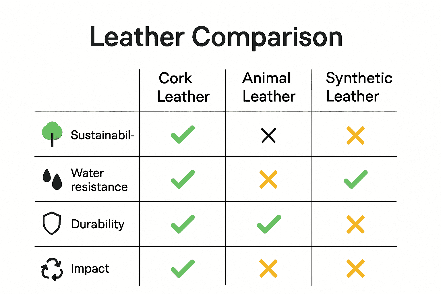 Infographic comparing cork, animal, and synthetic leathers on durability, sustainability, and water resistance.