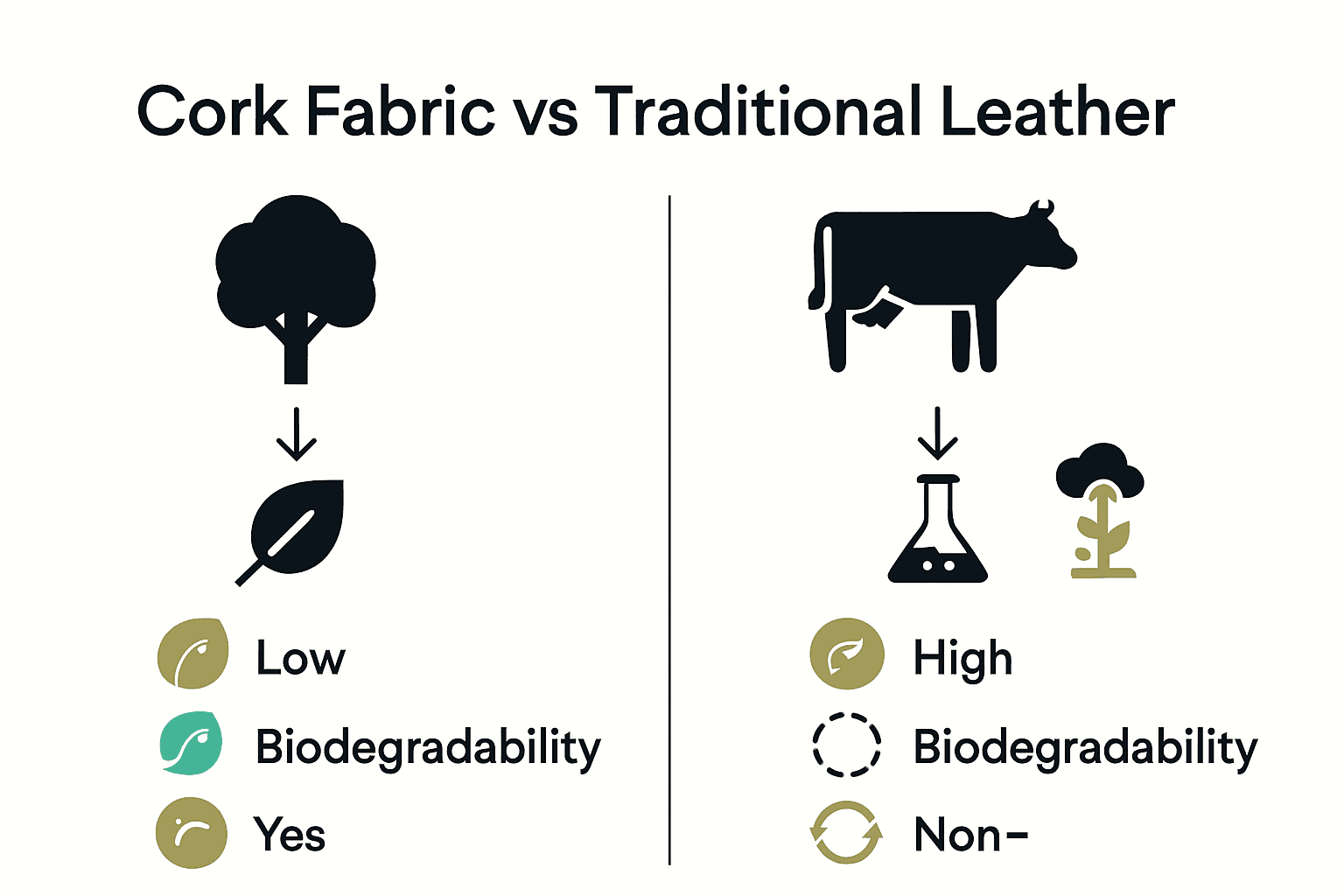 Infographic comparing cork fabric and leather with icons for tree, cow, environmental impact, and processing steps.