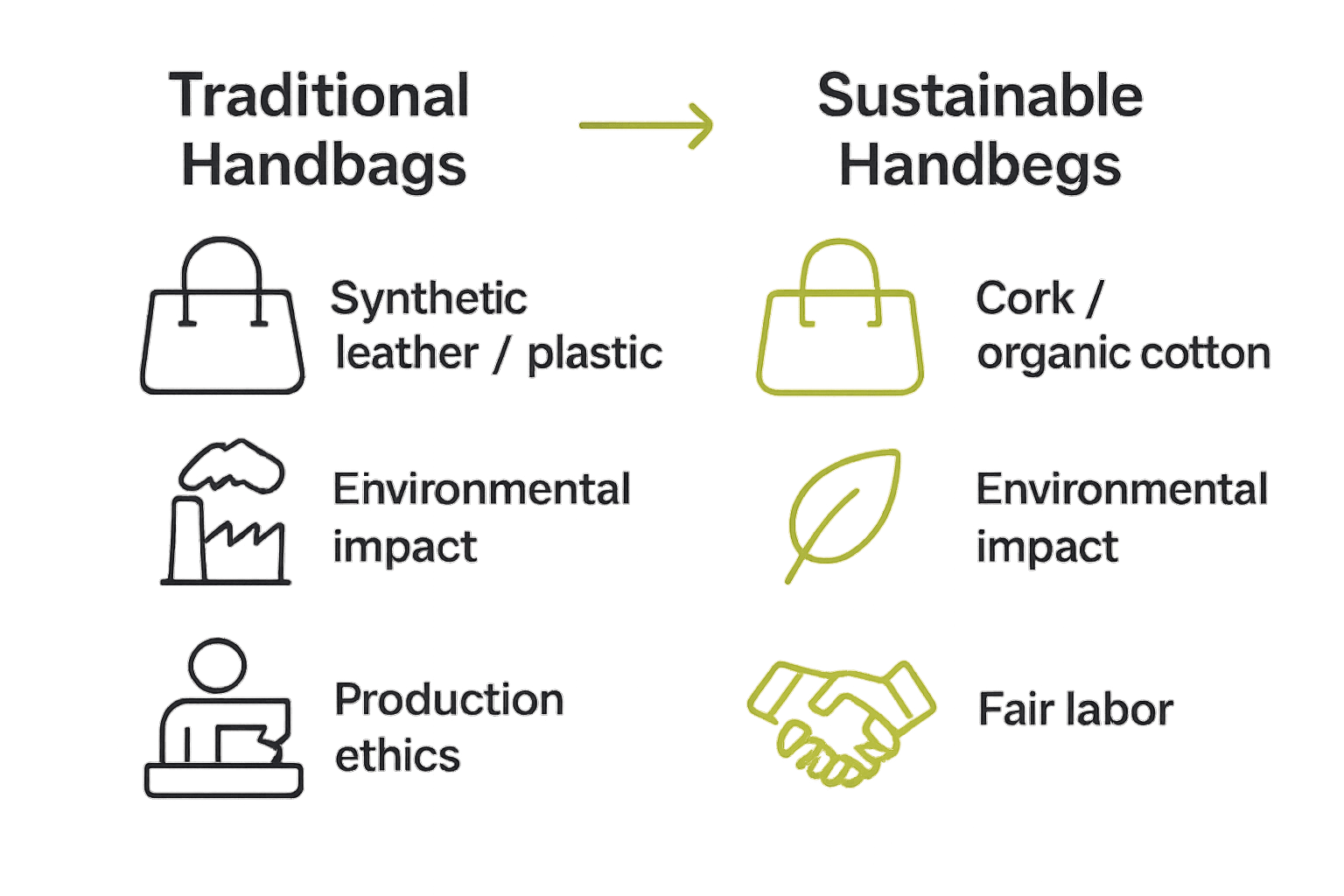 Infographic comparing key features of traditional vs sustainable handbags with icons for materials, environmental impact, and ethical production.