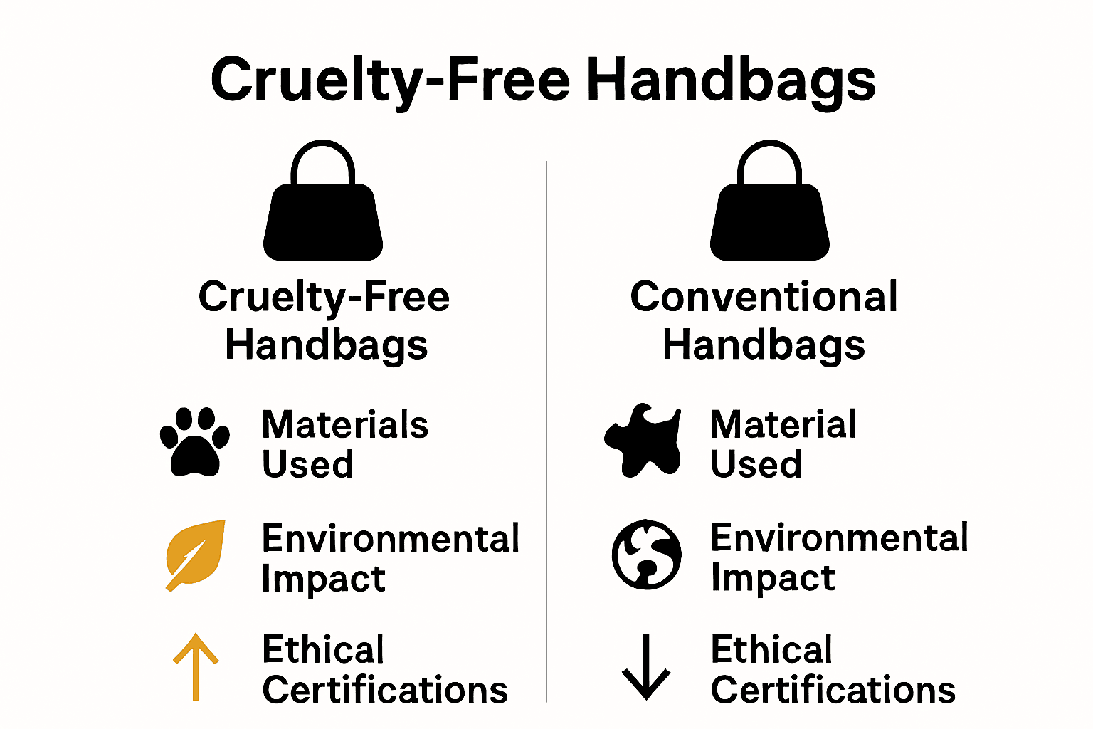 Infographic comparing cruelty-free and conventional handbags by material, ethics, and environment.