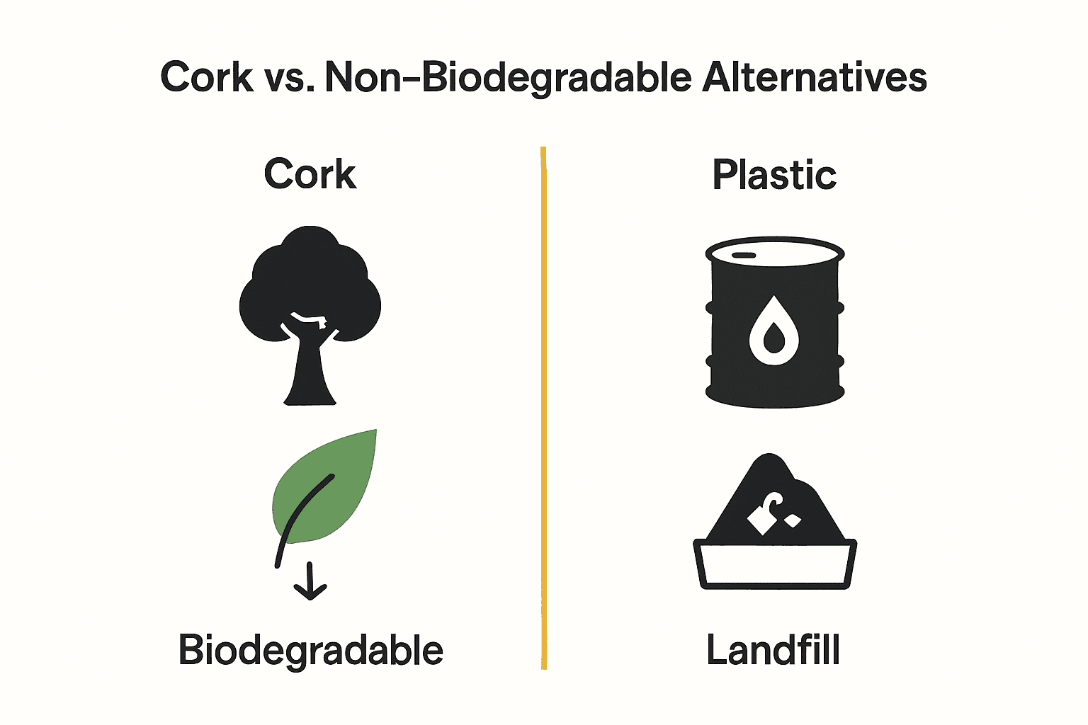 Infographic comparing cork and plastic biodegradability using icons