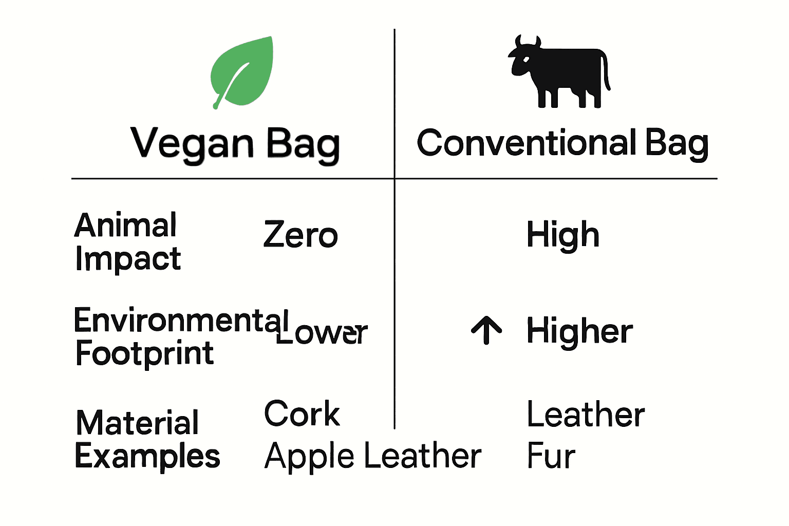 Infographic comparing vegan and conventional bags on animal impact, environment, and materials.