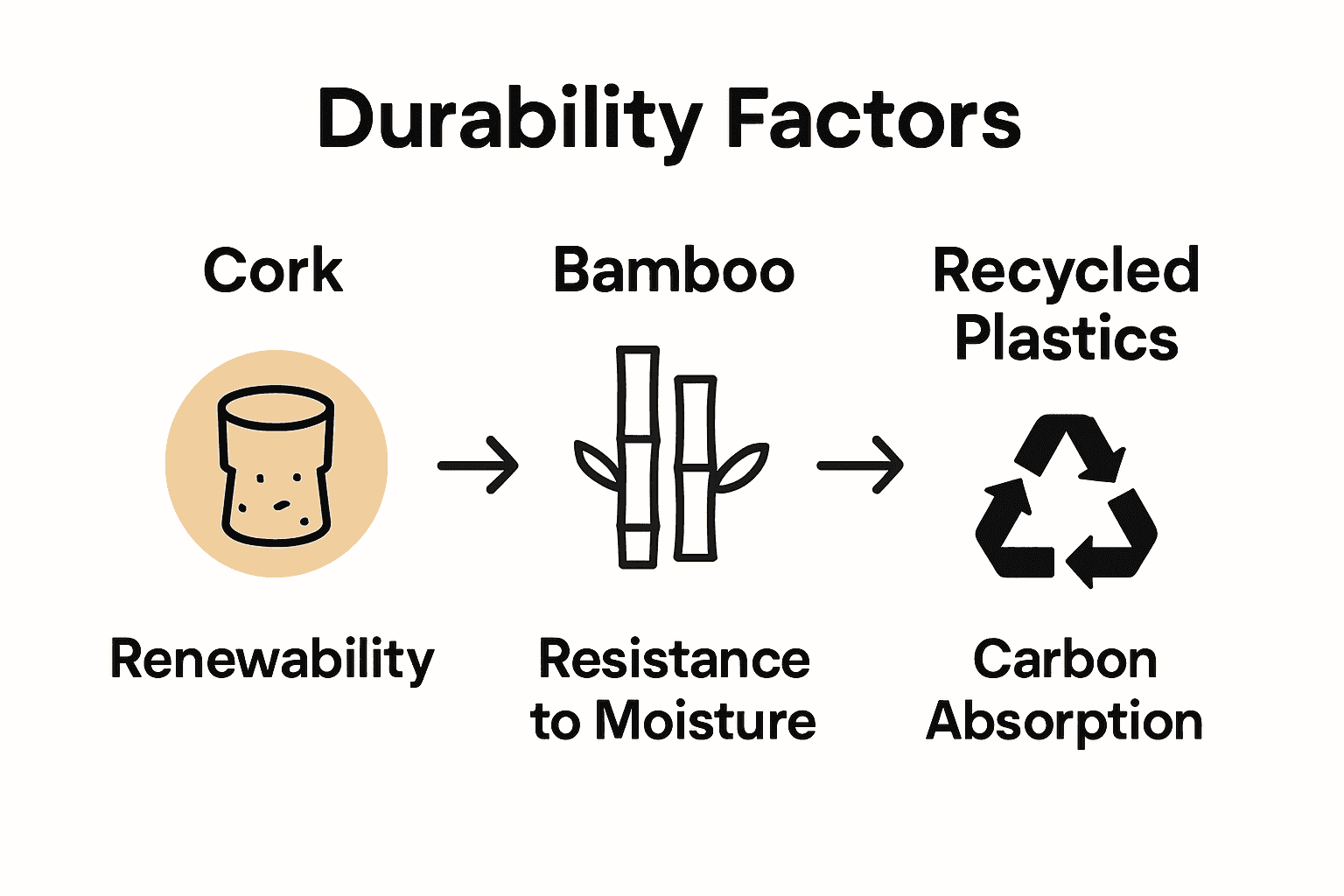 Infographic comparing durability of cork, bamboo, and recycled plastics.