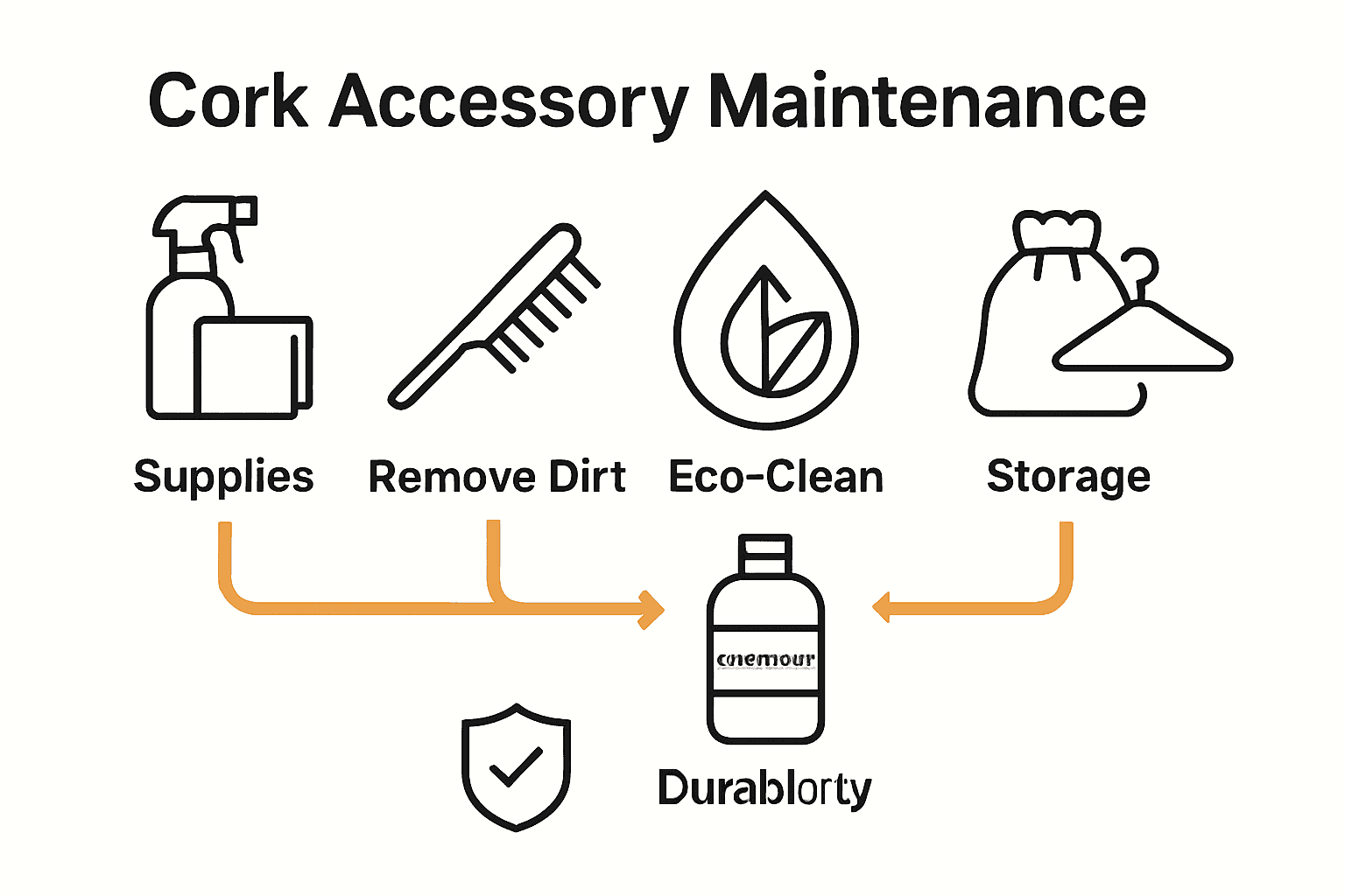 Five-step infographic showing cork accessory maintenance process from cleaning to storage.