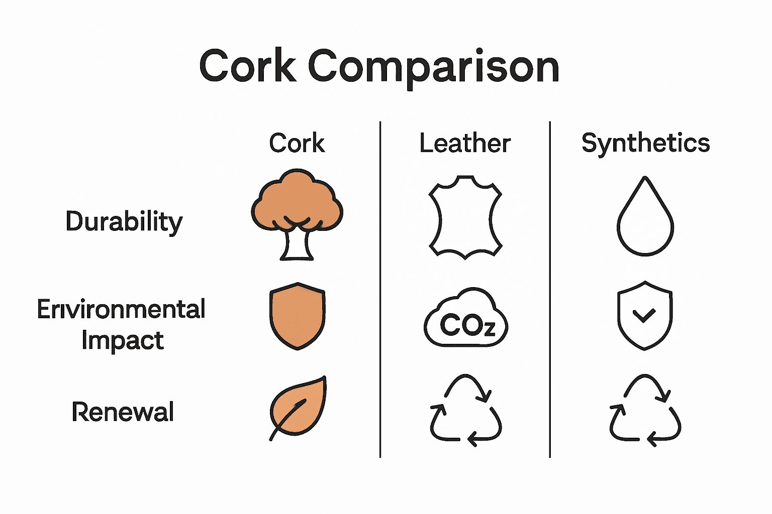 Infographic comparing cork, leather, and synthetic materials on durability, sustainability, renewal.
