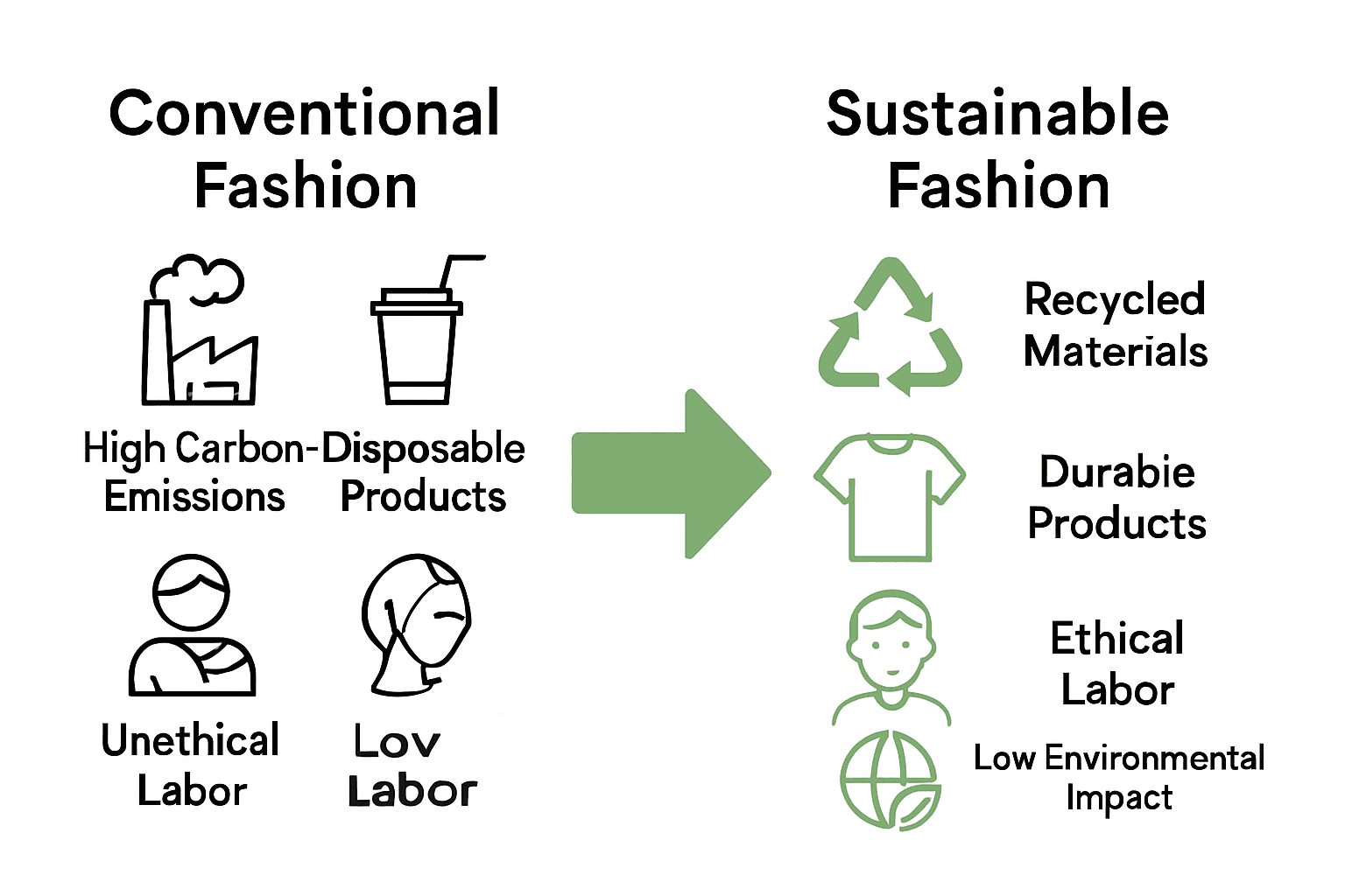 Infographic comparing sustainable versus conventional fashion by impact and practices