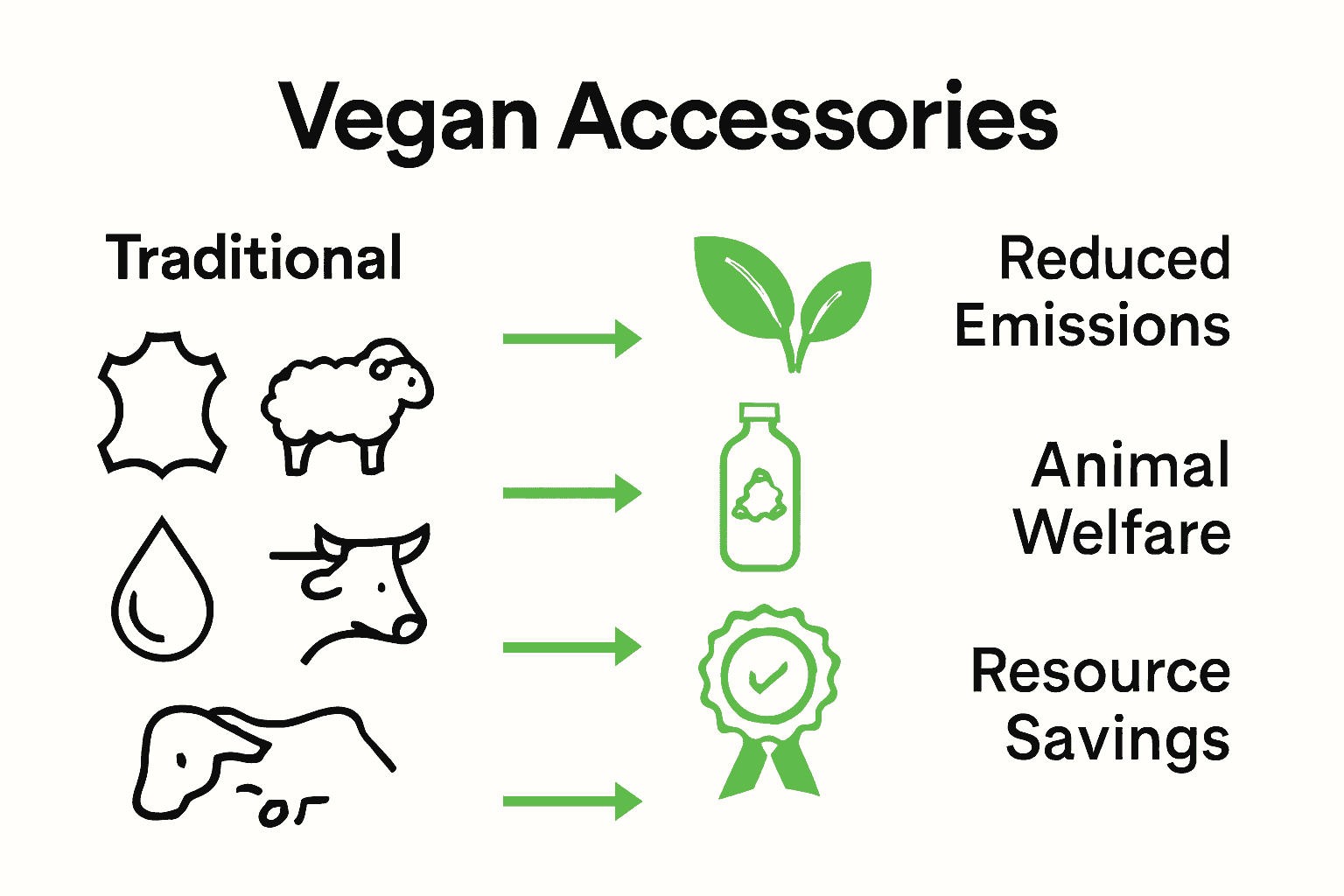 Infographic comparing traditional vs vegan accessories and their environmental impact