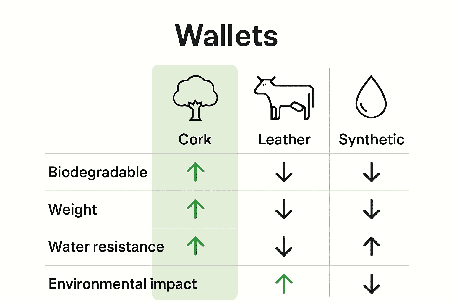 Comparison infographic showing cork, leather, and synthetic wallets by eco-friendliness, weight, and durability.