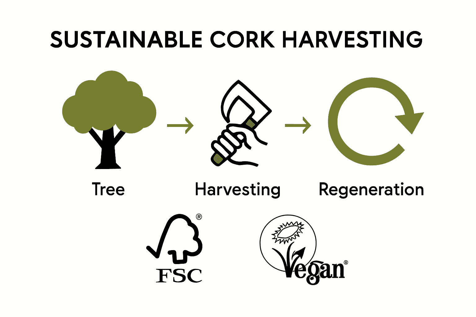 Infographic shows cork harvesting steps and ethical certifications.
