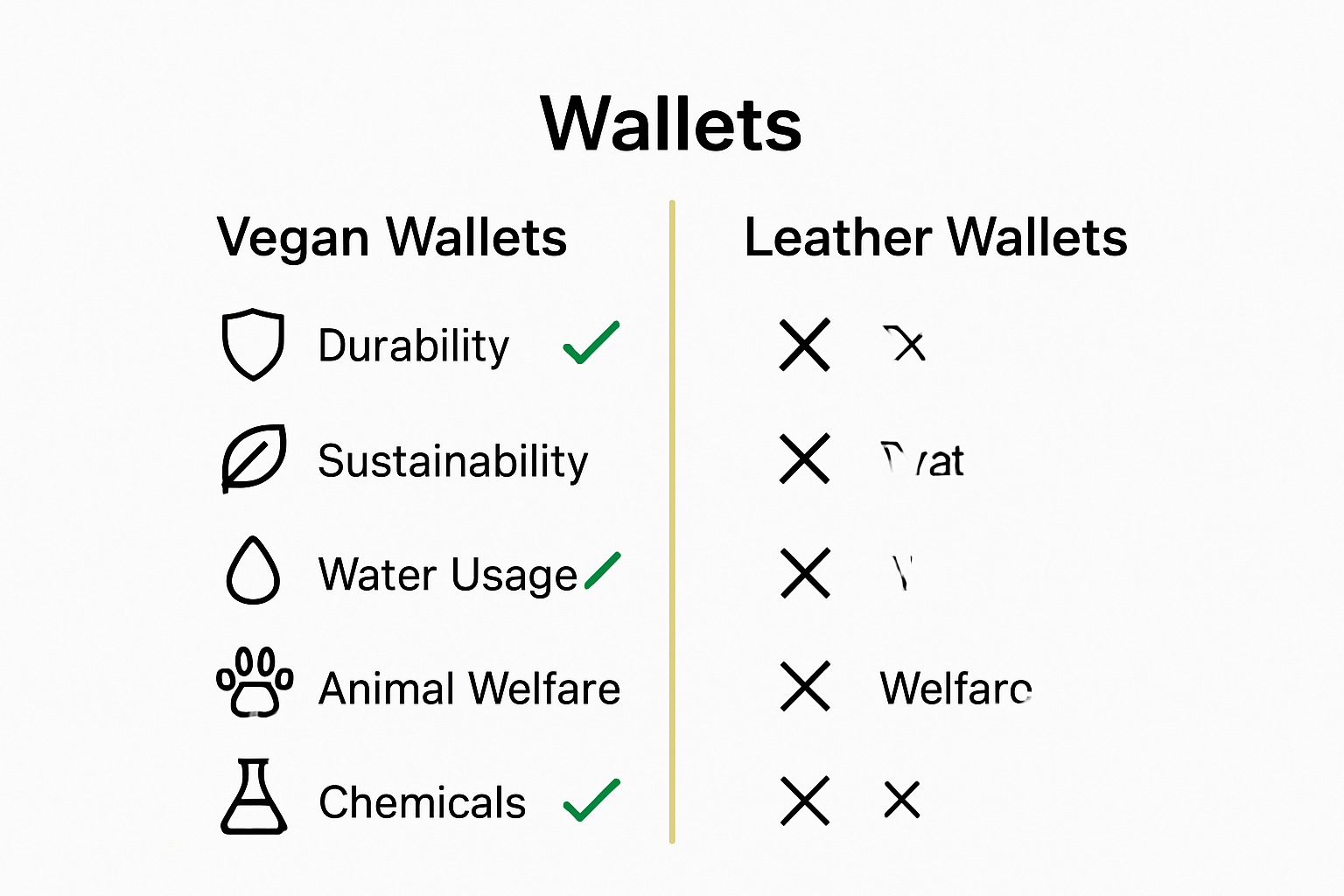 Infographic comparing vegan and leather wallets by materials, environmental impact, and durability.