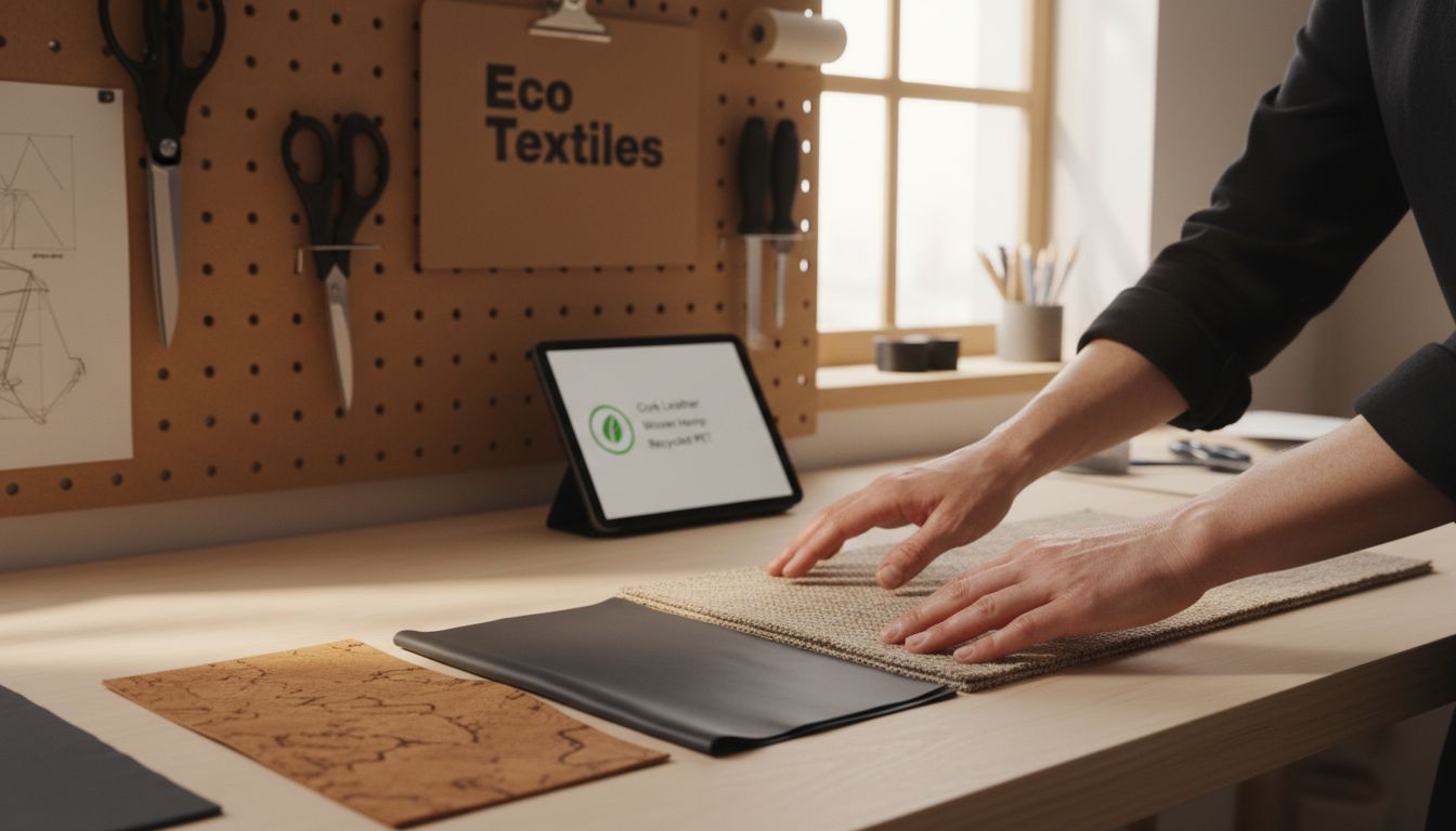 Eco-friendly backpack material swatches displayed