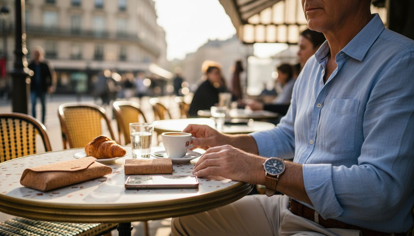 Man using cork belt, cardholder at café