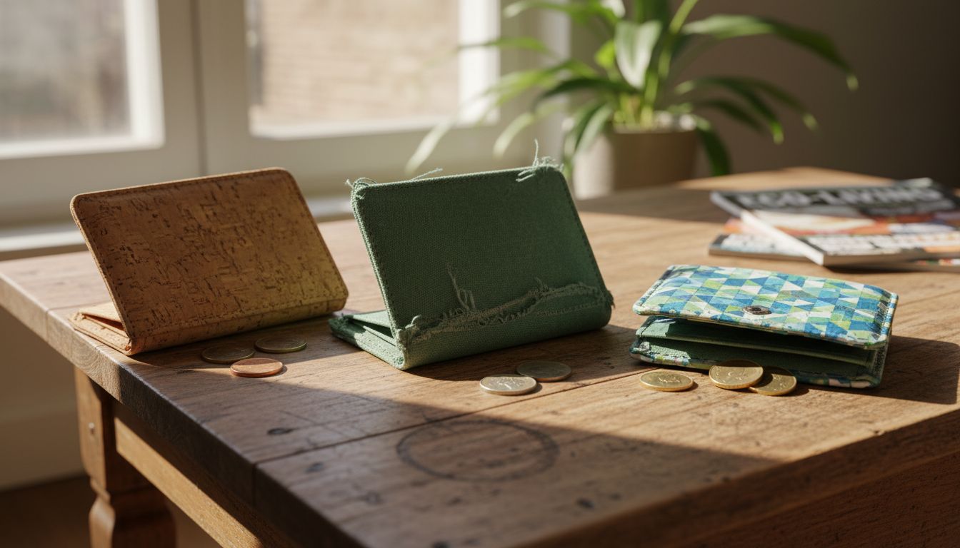 Close-up of cork and canvas vegan wallets