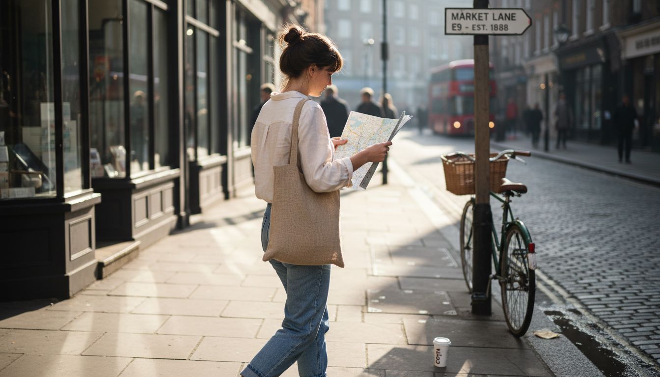 Woman with eco handbag on city street