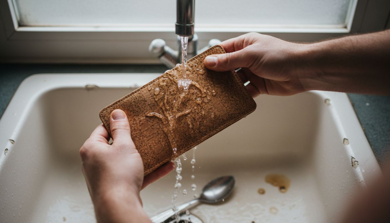Hands holding cork wallet under faucet