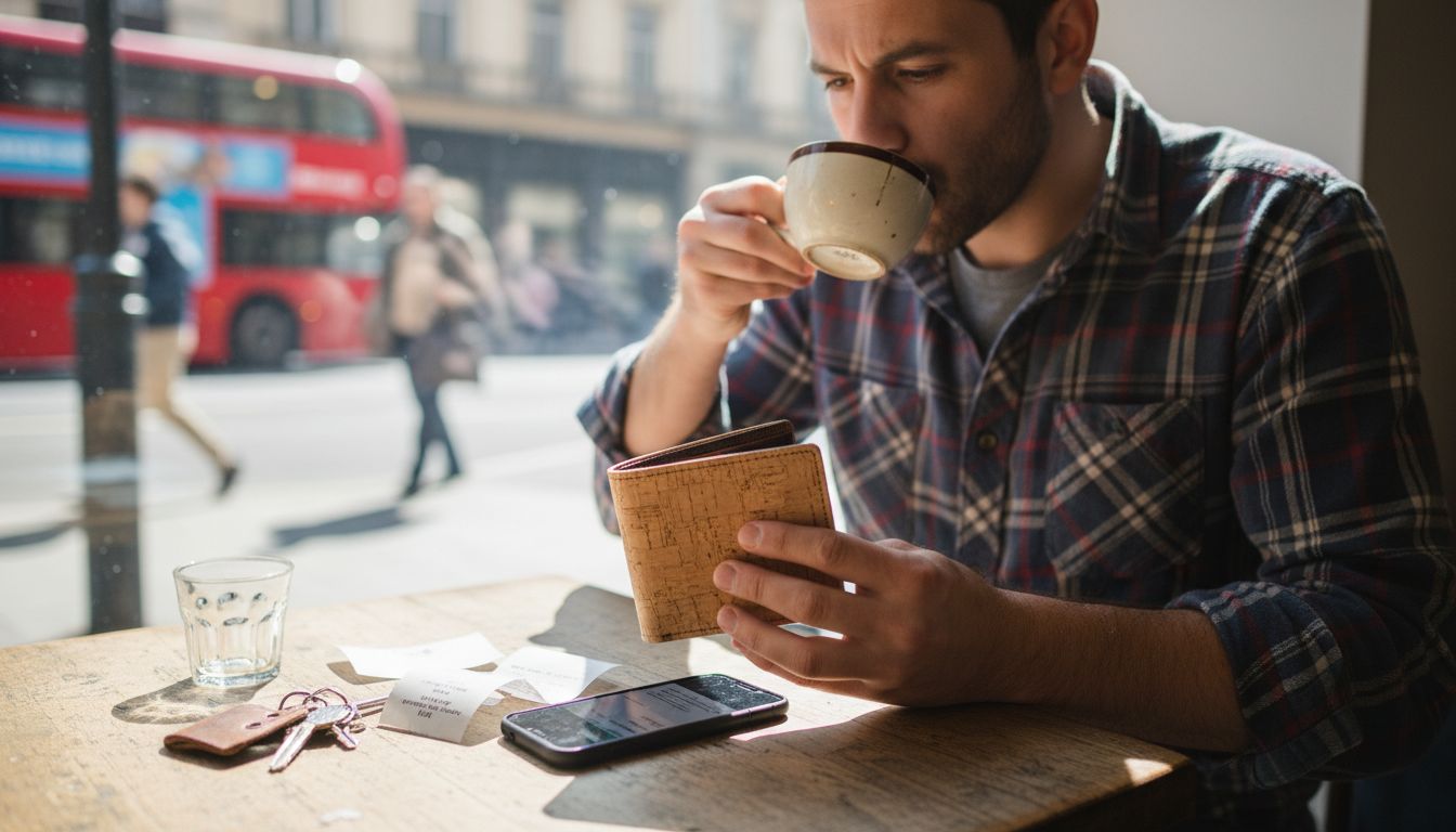 Man checks vegan wallet stitching for quality