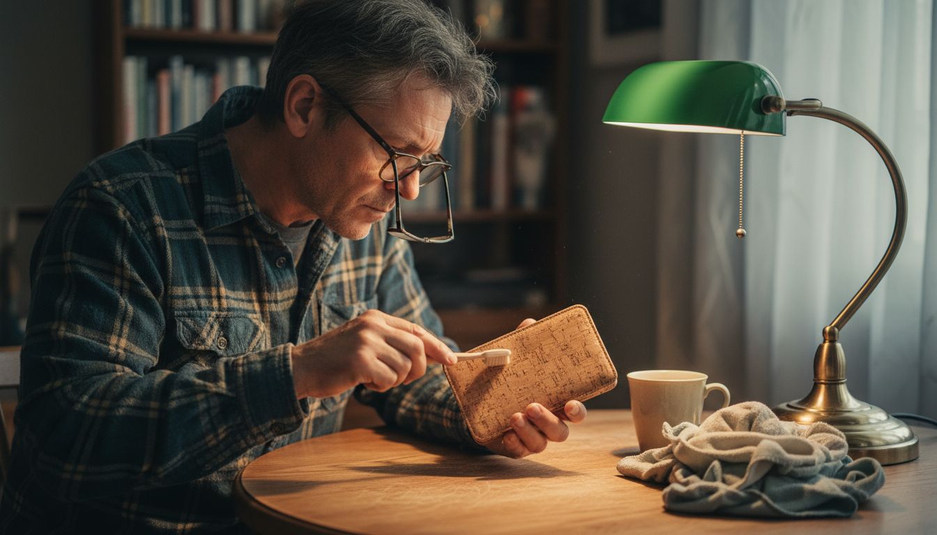 Man inspecting cork wallet closely