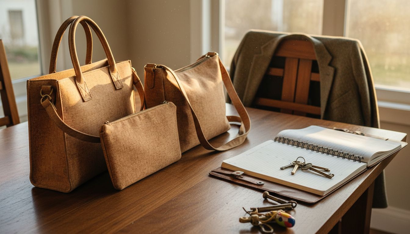 Cork bags for various occasions on table