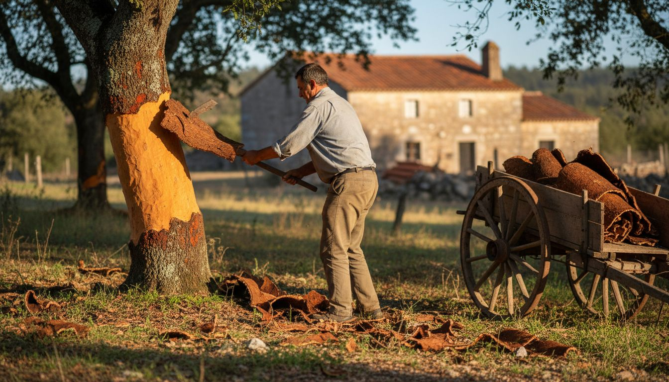 Worker harvesting cork oak bark outdoors