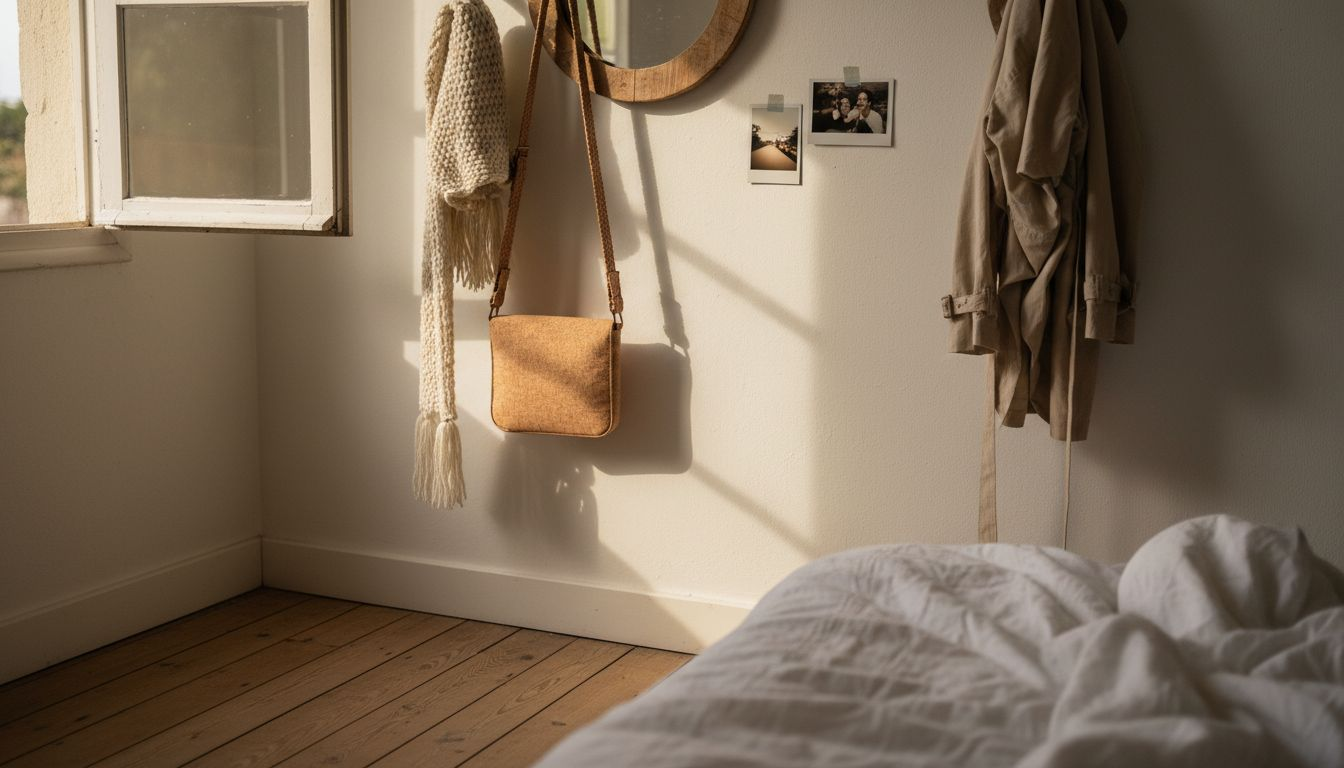 Cork crossbody with trench coat and scarf