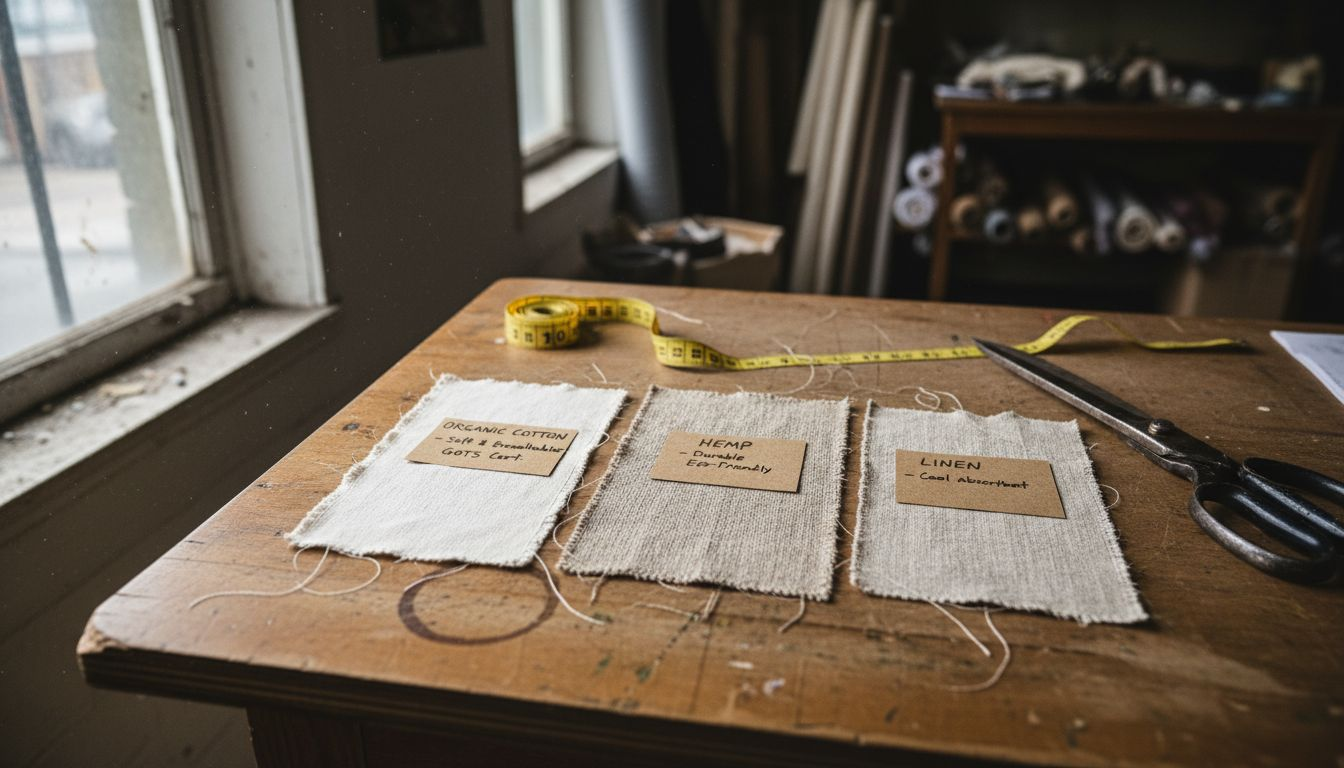 Close-up eco-friendly fabric swatches labeled