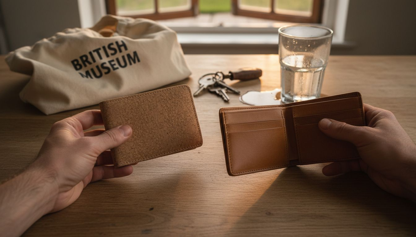 Cork and leather wallets compared on tabletop