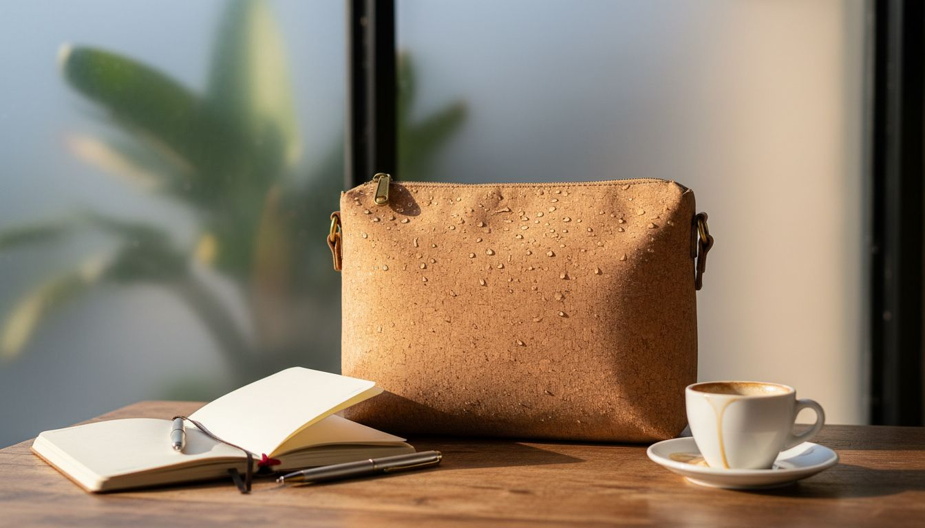Close-up cork bag with water on surface