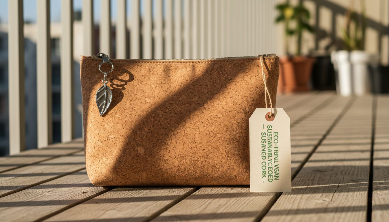 Close-up cork purse on wooden balcony
