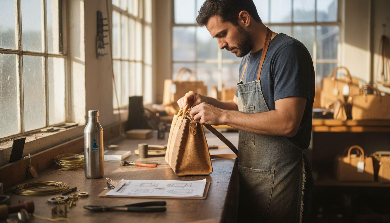 Craftsman assembling eco-friendly cork bag