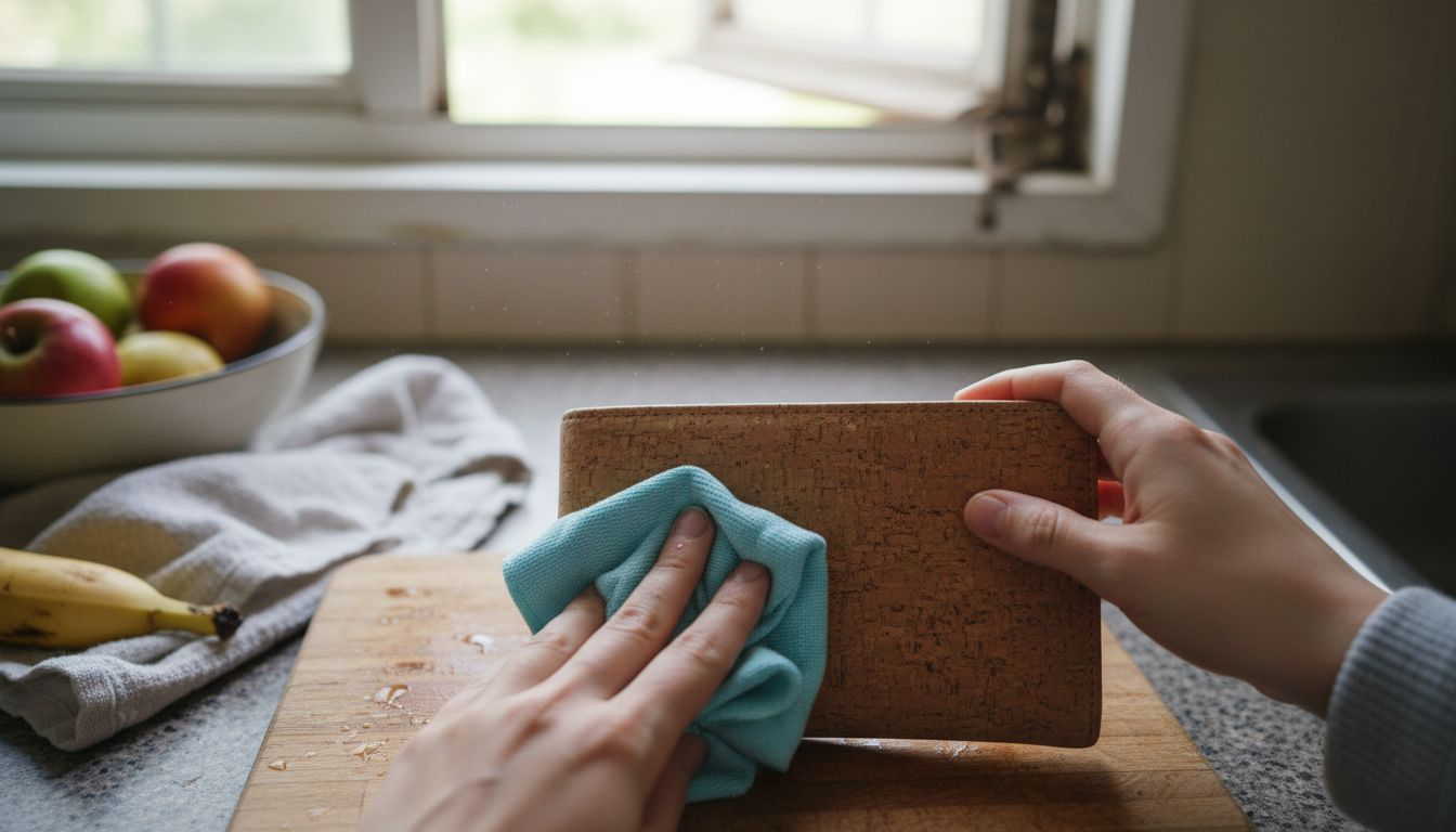 Hands gently wiping cork wallet
