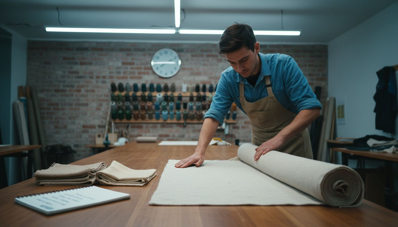Worker inspecting organic fabric in workshop