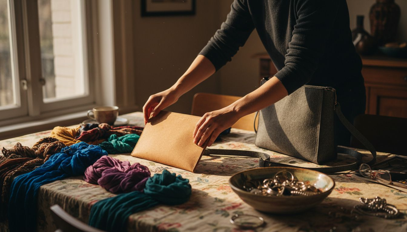 Cork bags and colorful scarves on table