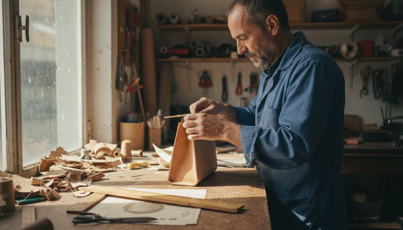 Craftsman making cork handbag in workshop