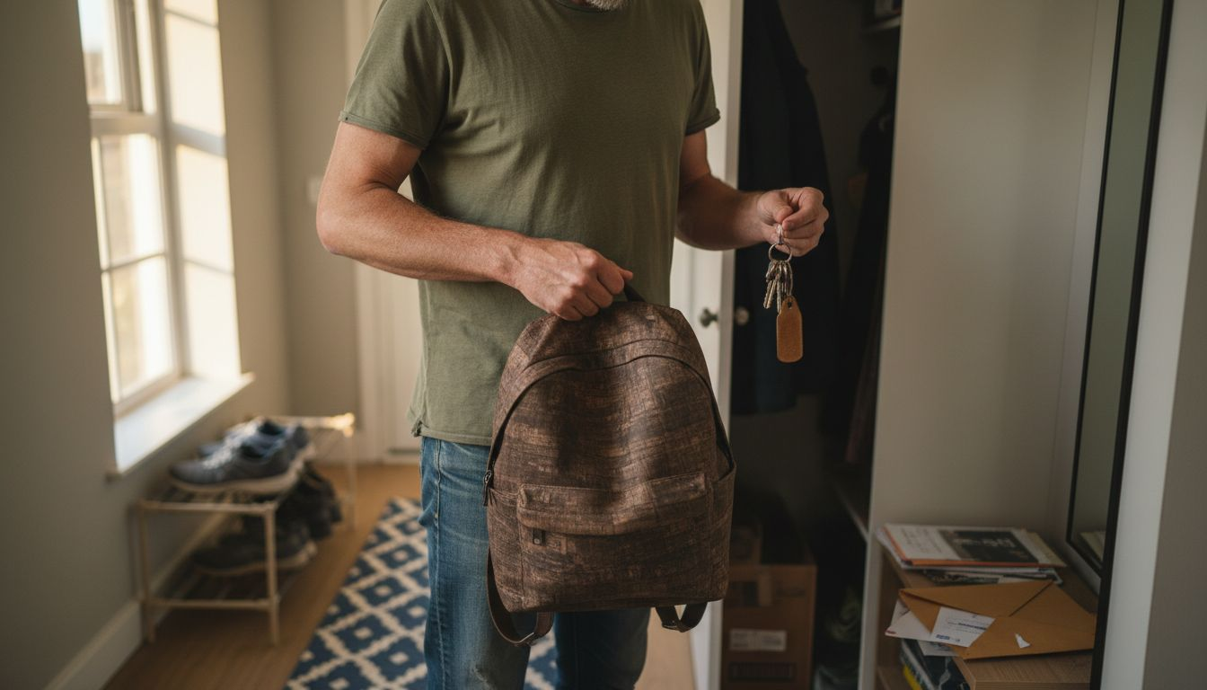 Man holds cork backpack in hallway