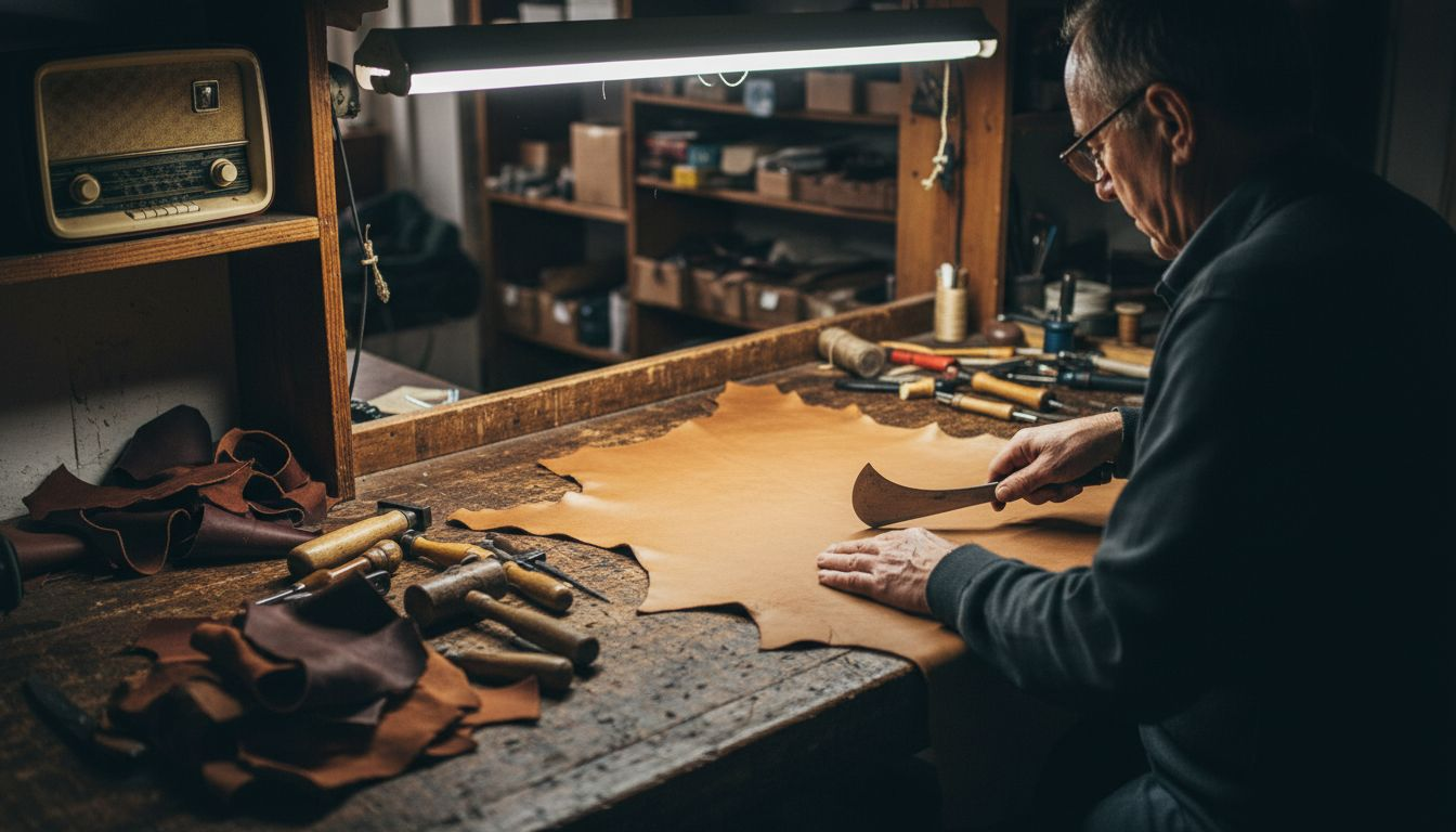 Leatherworker hand-cutting animal hide in workshop