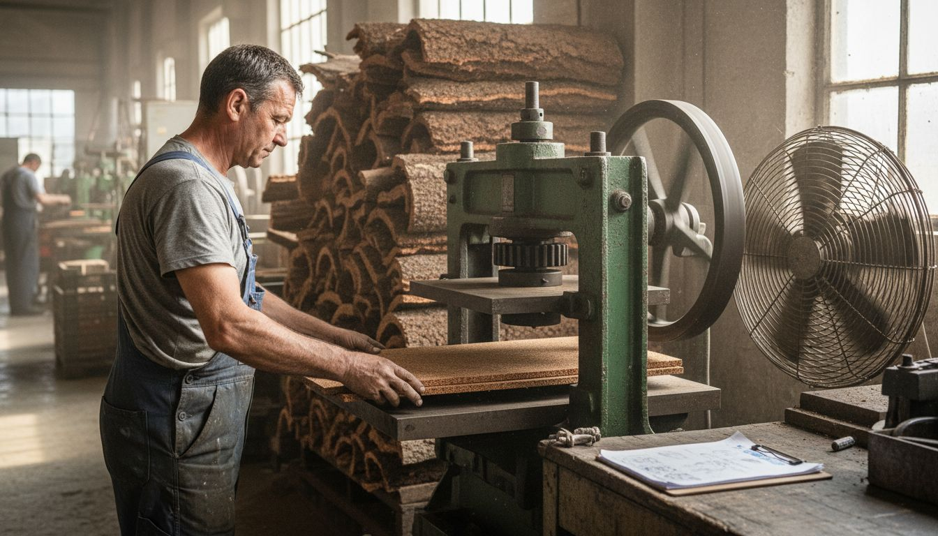 Worker pressing cork sheets in factory