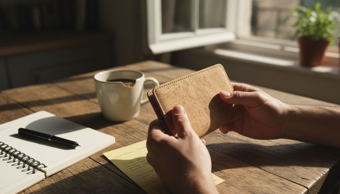 Detail of durable cork wallet on table