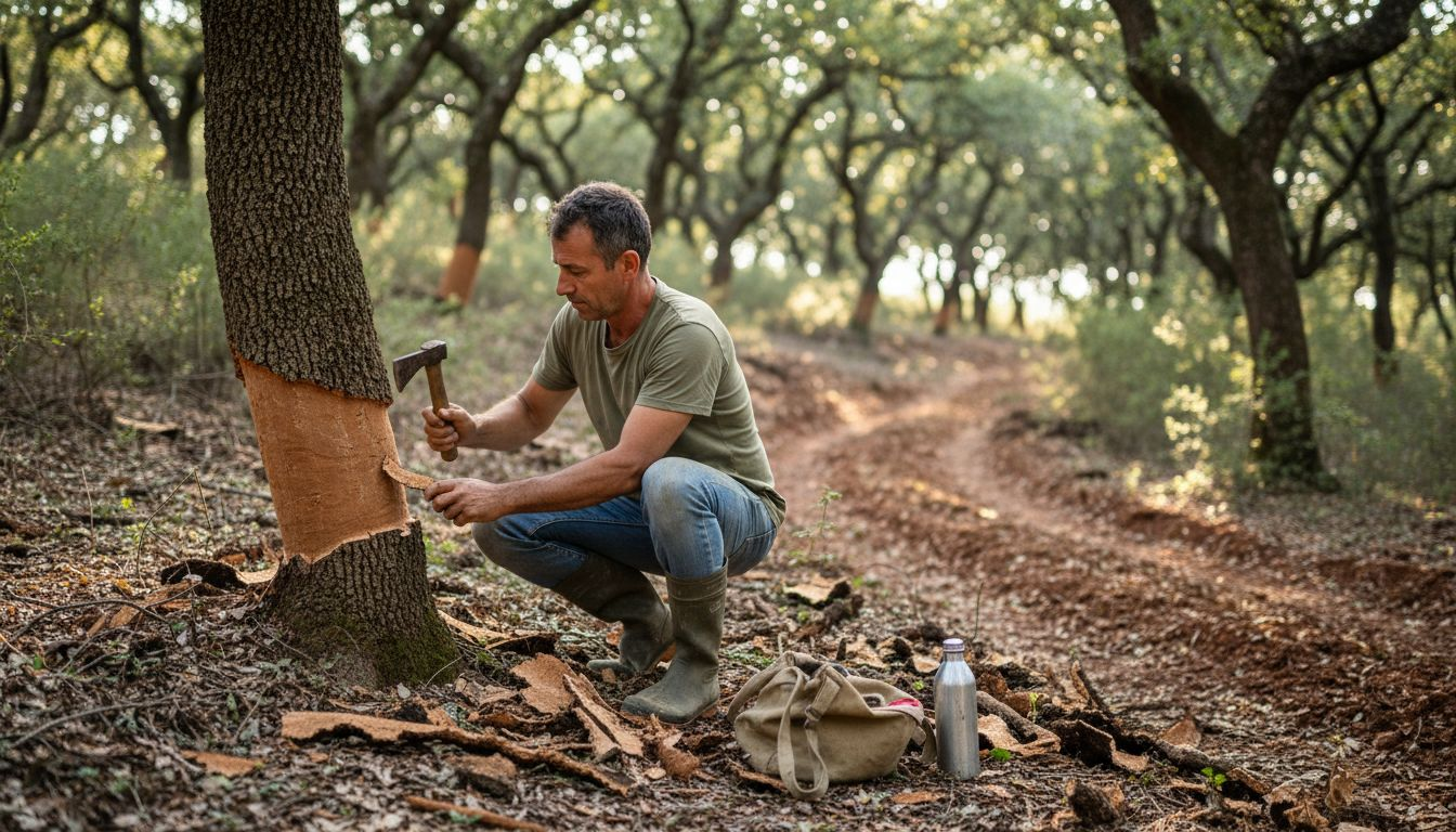 Harvesting cork bark for sustainable fashion