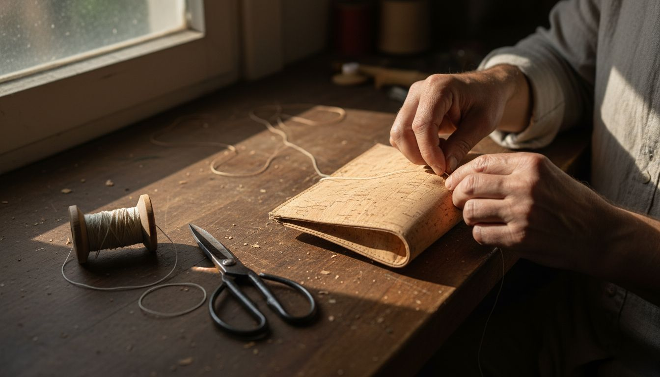 Craftsman sewing eco purse with cork fabric