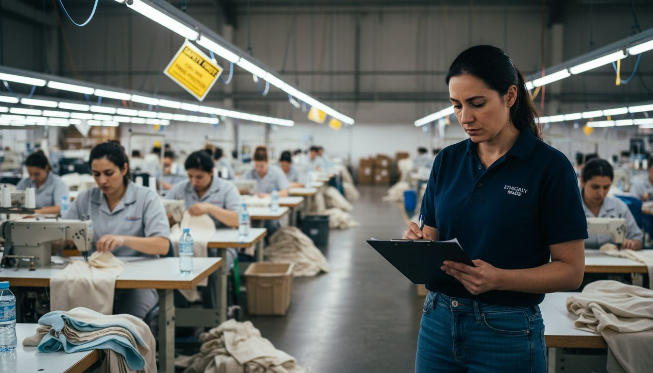 Supervisor reviewing ethical factory production