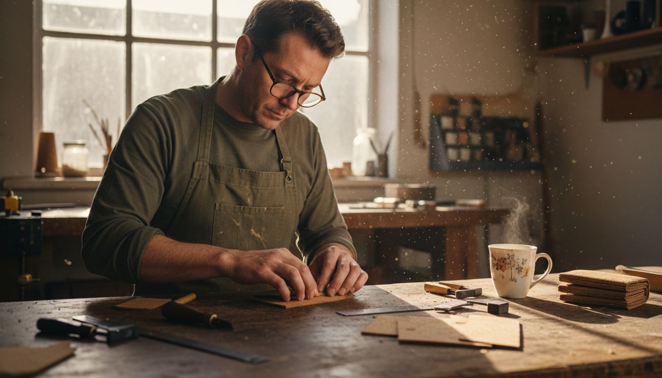 Craftsman making cork wallet at workshop