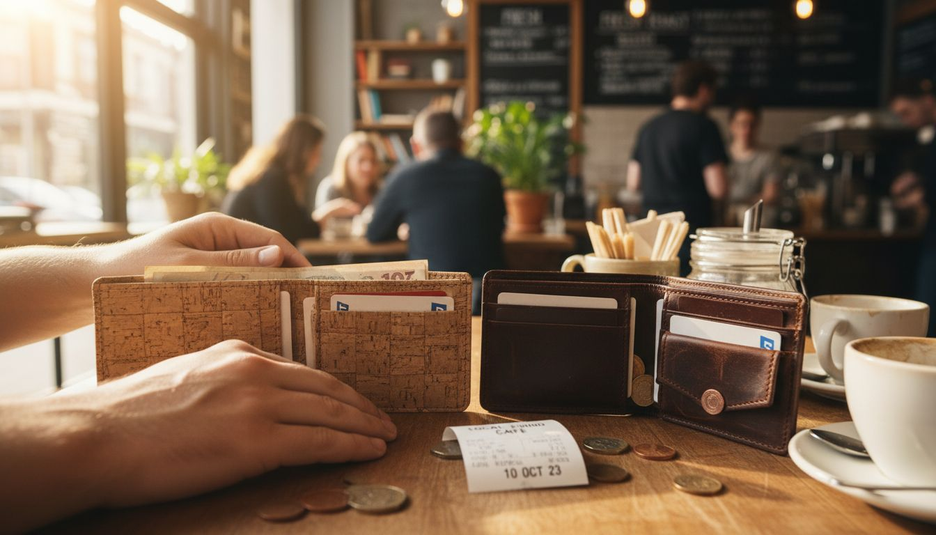 Cork and leather wallets on cluttered café table