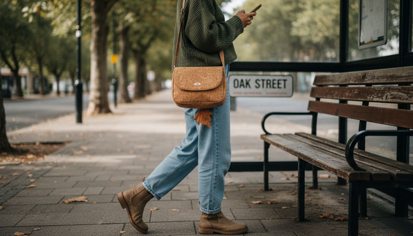Woman carries vegan cork purse outdoors