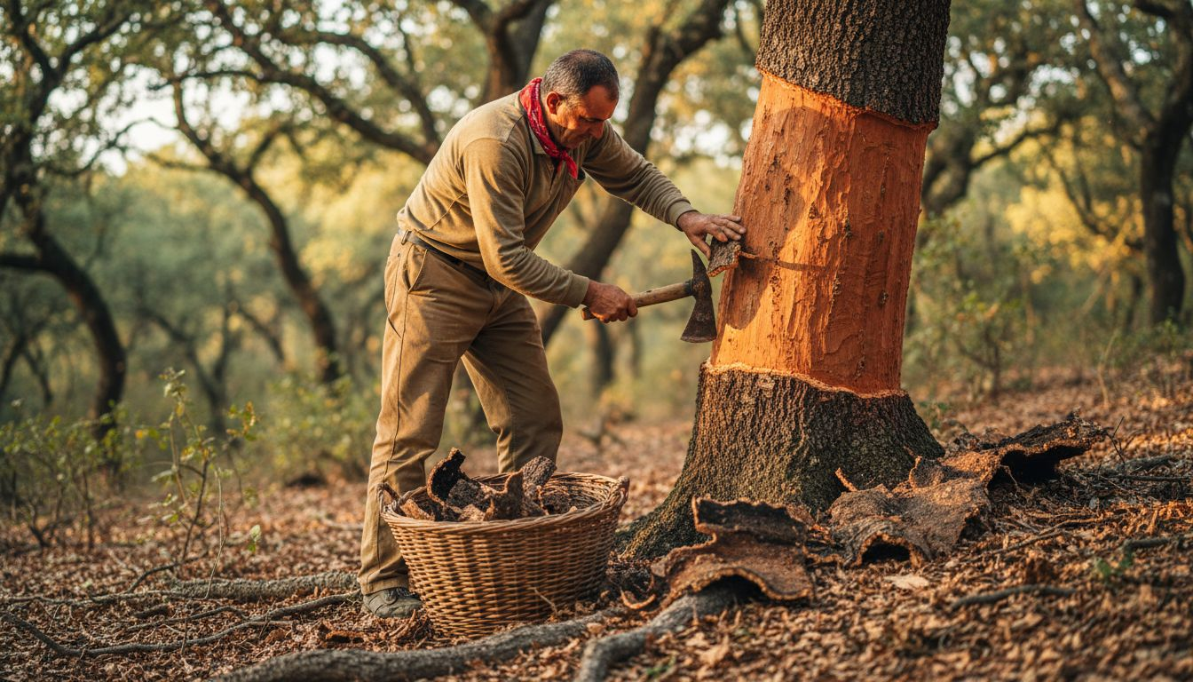 Worker harvesting bark from cork oak tree