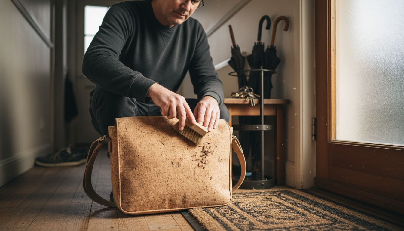 Brushing off dirt from cork bag