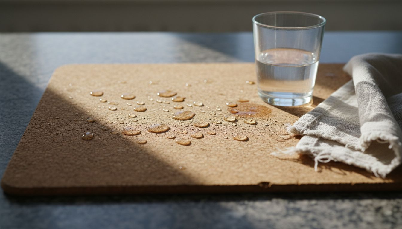 Closeup of cork repelling water droplets